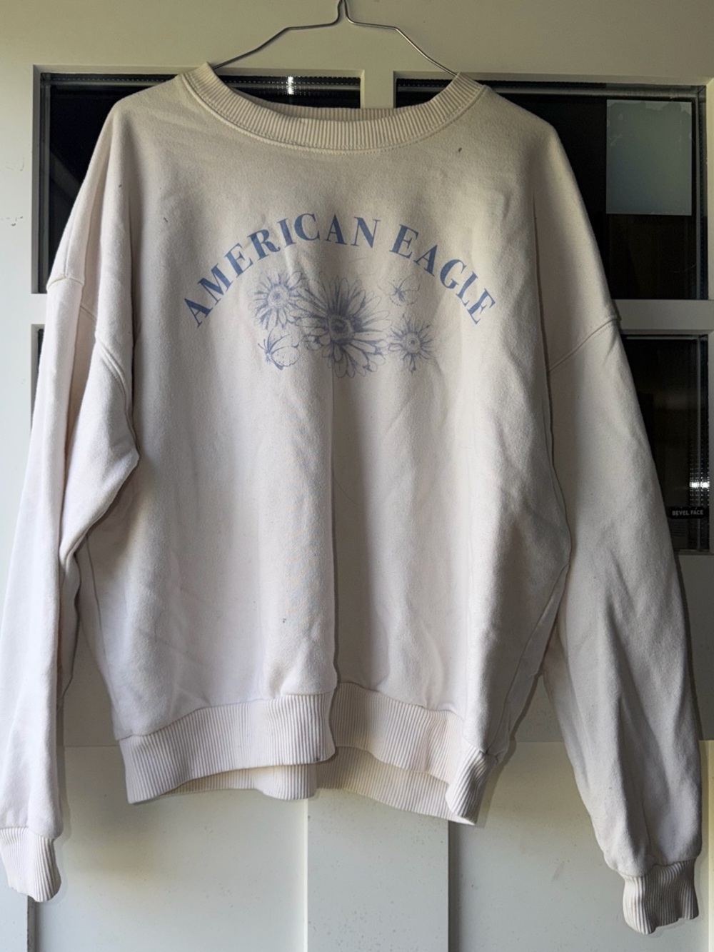 American Eagle Outfitters Cream Sweatshirt with Blue Floral Logo - Women's